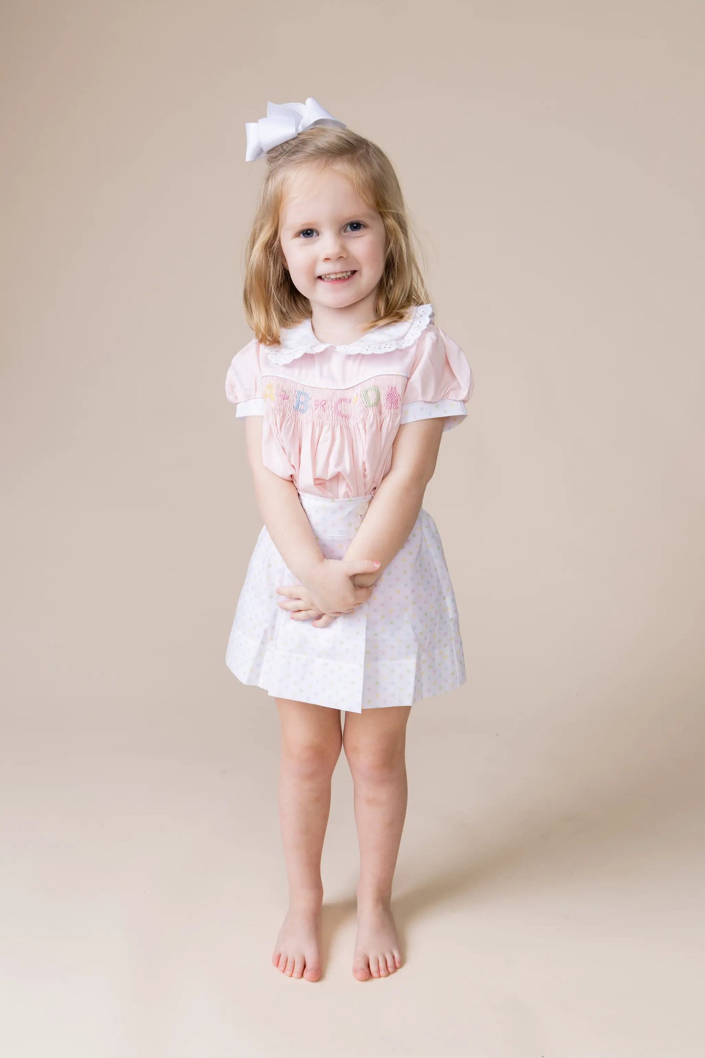 Percy & Tyne Girls Pink & Pastel Dots Martha Dress - Smocked School ABC - Ruffle Collar