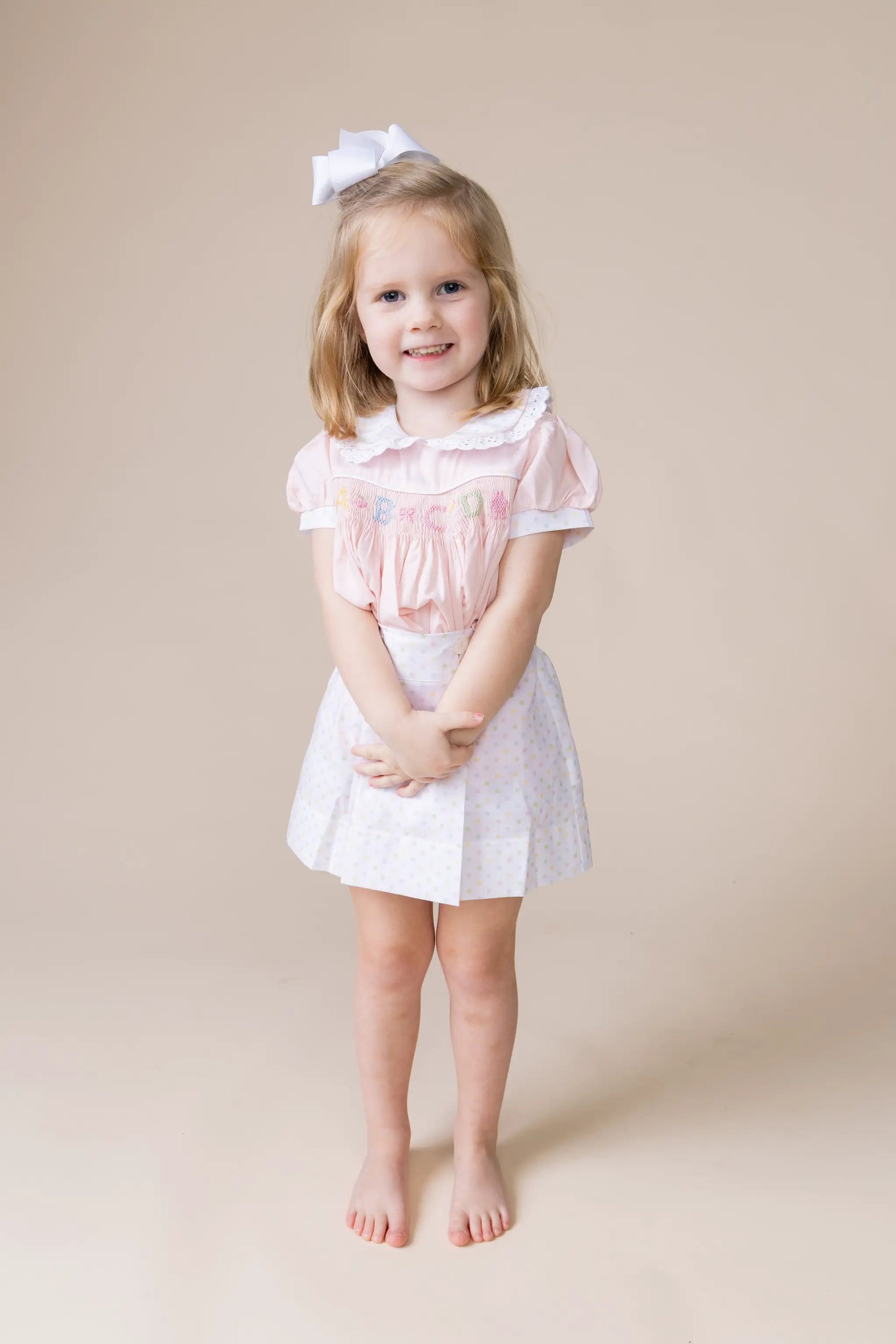 Percy & Tyne Girls Pink & Pastel Dots Martha Dress - Smocked School ABC - Ruffle Collar