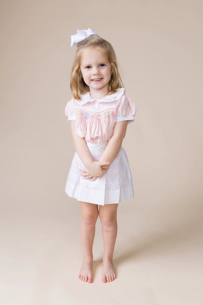 Percy & Tyne Girls Pink & Pastel Dots Martha Dress - Smocked School ABC - Ruffle Collar