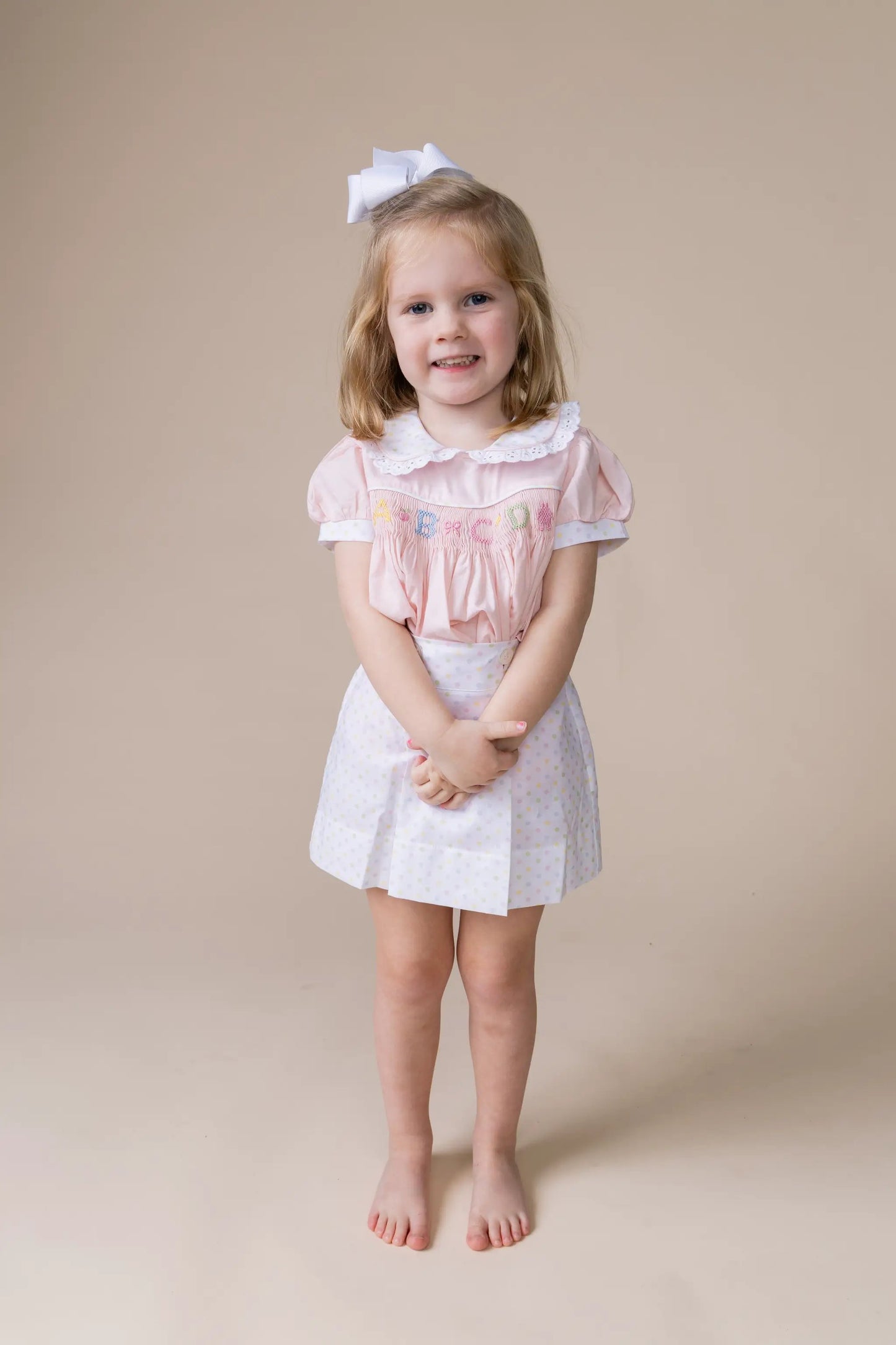 Percy & Tyne Girls Pink & Pastel Dots Martha Dress - Smocked School ABC - Ruffle Collar