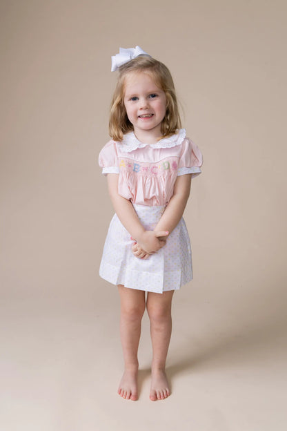 Percy & Tyne Girls Pink & Pastel Dots Martha Dress - Smocked School ABC - Ruffle Collar