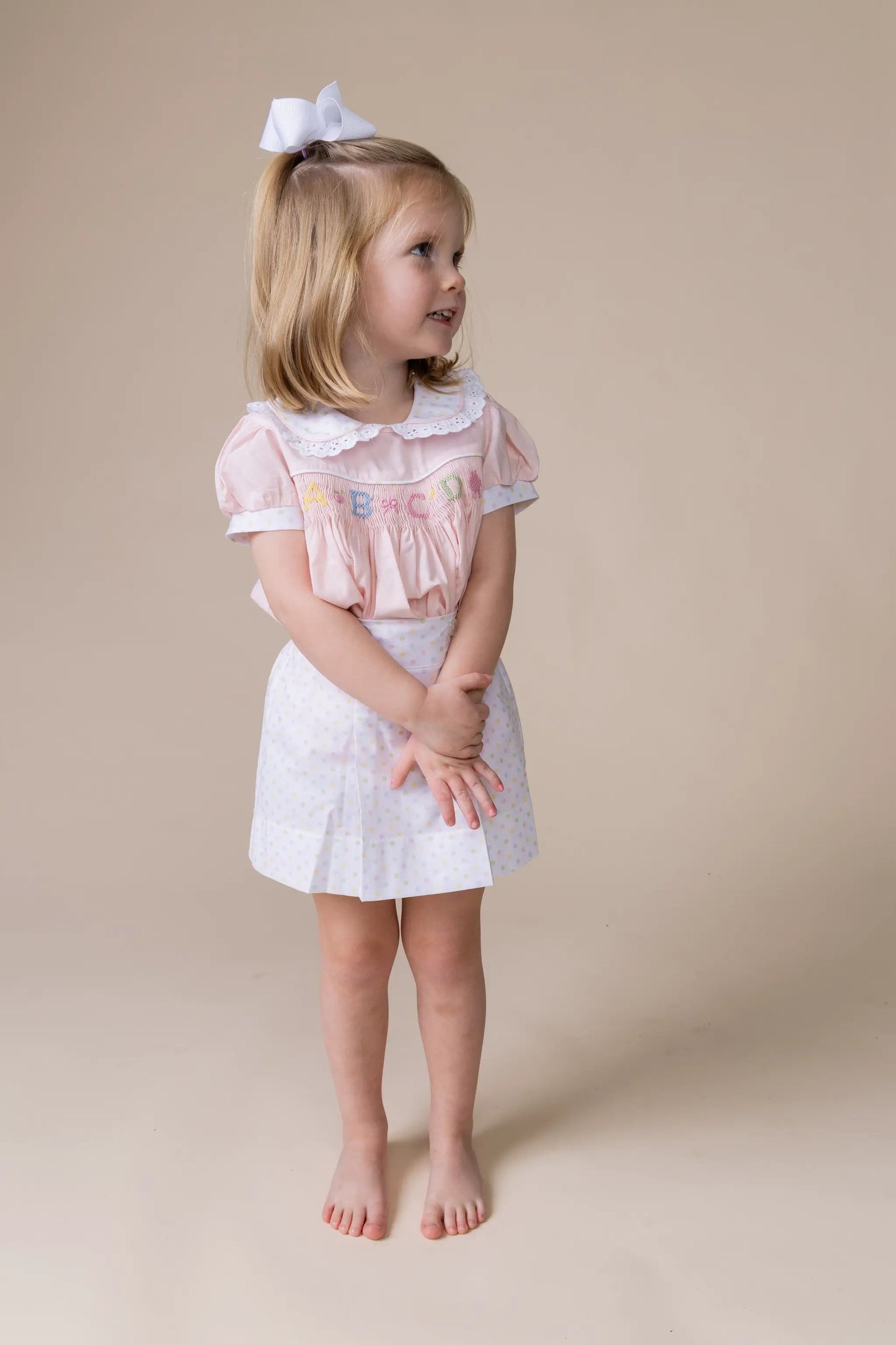 Percy & Tyne Girls Pink & Pastel Dots Martha Dress - Smocked School ABC - Ruffle Collar