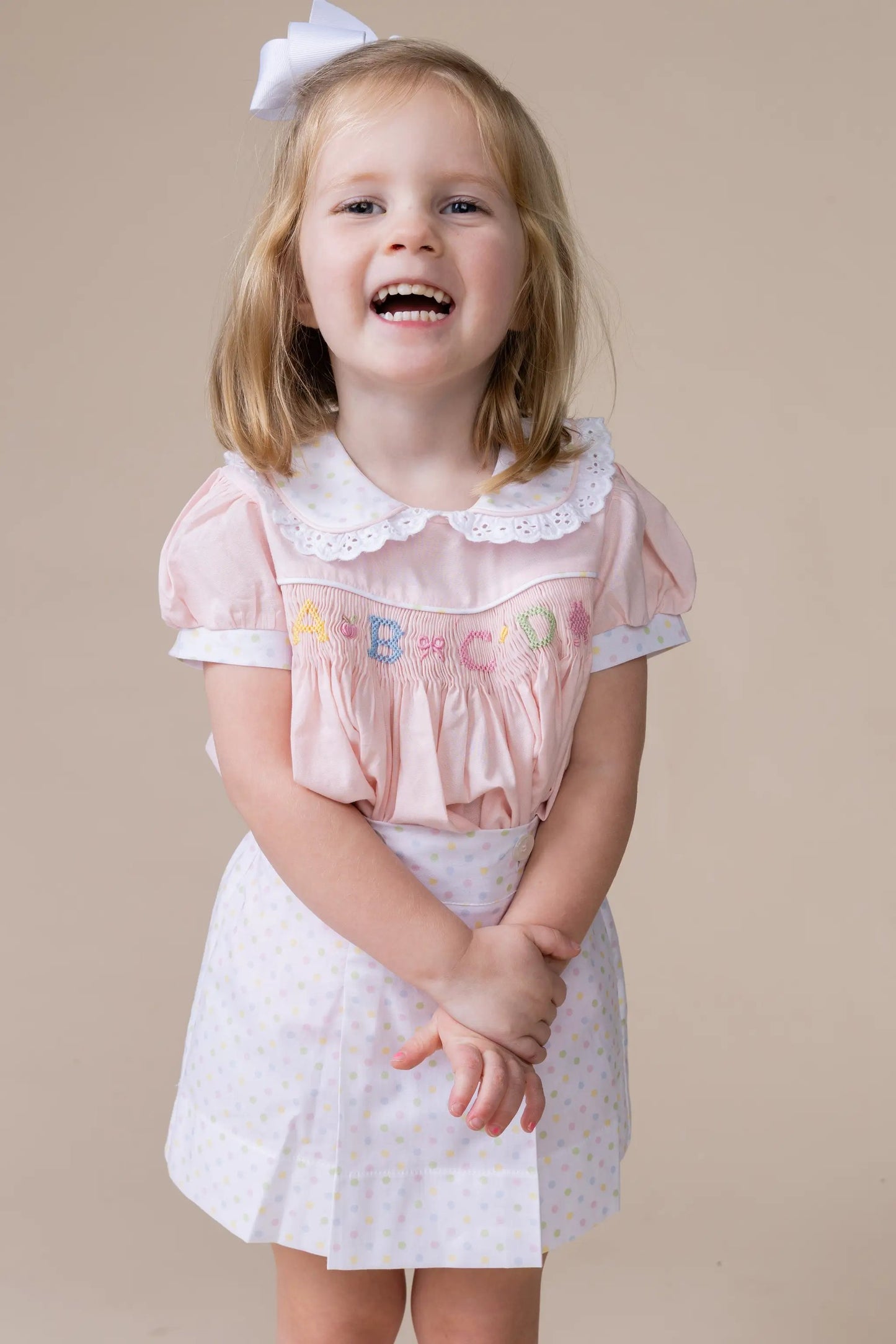 Percy & Tyne Girls Pink & Pastel Dots Martha Dress - Smocked School ABC - Ruffle Collar
