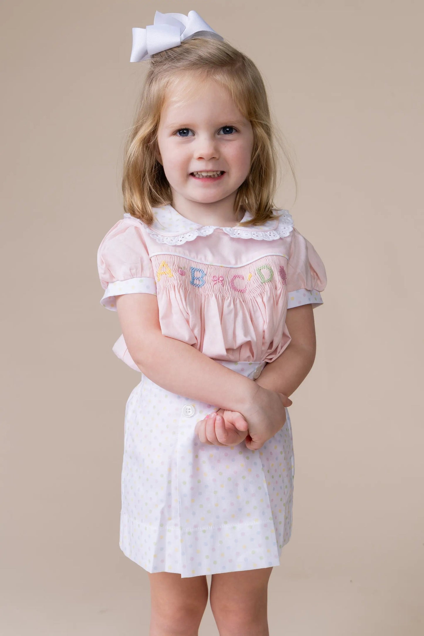 Percy & Tyne Girls Pink & Pastel Dots Martha Dress - Smocked School ABC - Ruffle Collar