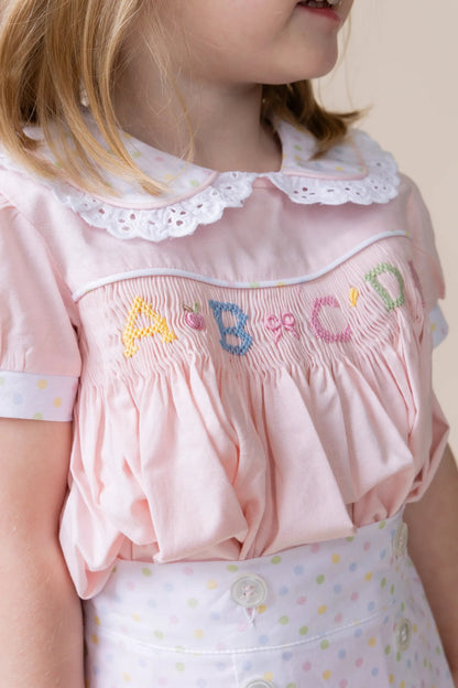 Percy & Tyne Girls Pink & Pastel Dots Martha Dress - Smocked School ABC - Ruffle Collar