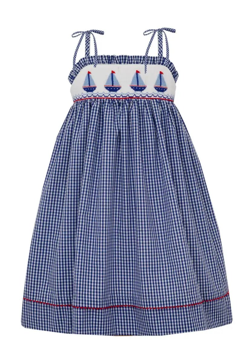 Anavini Girls Navy Blue Gingham Sailboats Sundress with Shoulder Ties by Anavini
