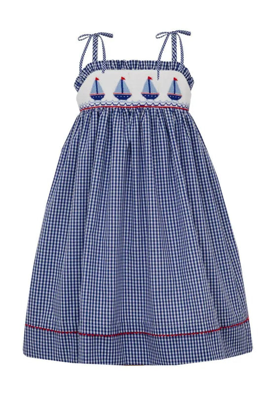 Anavini Girls Navy Blue Gingham Sailboats Sundress with Shoulder Ties by Anavini