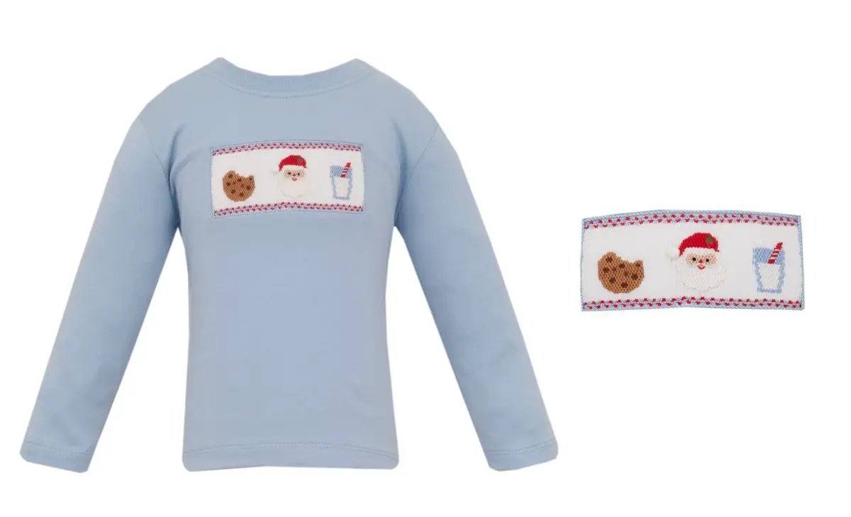 Anavini Boys Light Blue Knit Smocked Santa's Midnight Snack Cookie  Shirt