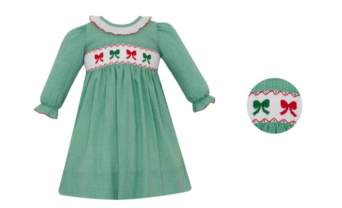 Anavini Girls Green Gingham Holiday Bows Short Sleeve Dress by Anavini