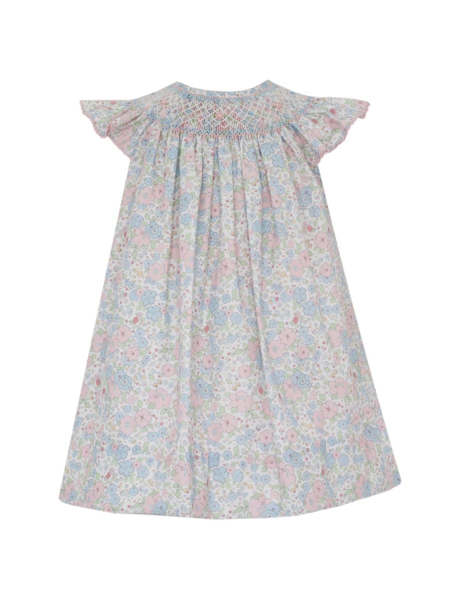 Petit Bebe Girls Pink and Blue Liberty Floral Bishop Dress with Angel Wing Sleeves