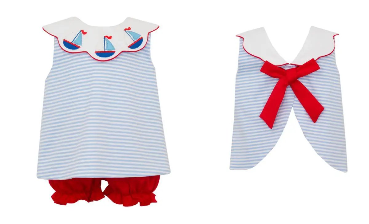 Claire & Charlie Girls Blue Knit Stripe Sailboats Bloomer Set with Scalloped Collar by Claire & Charlie