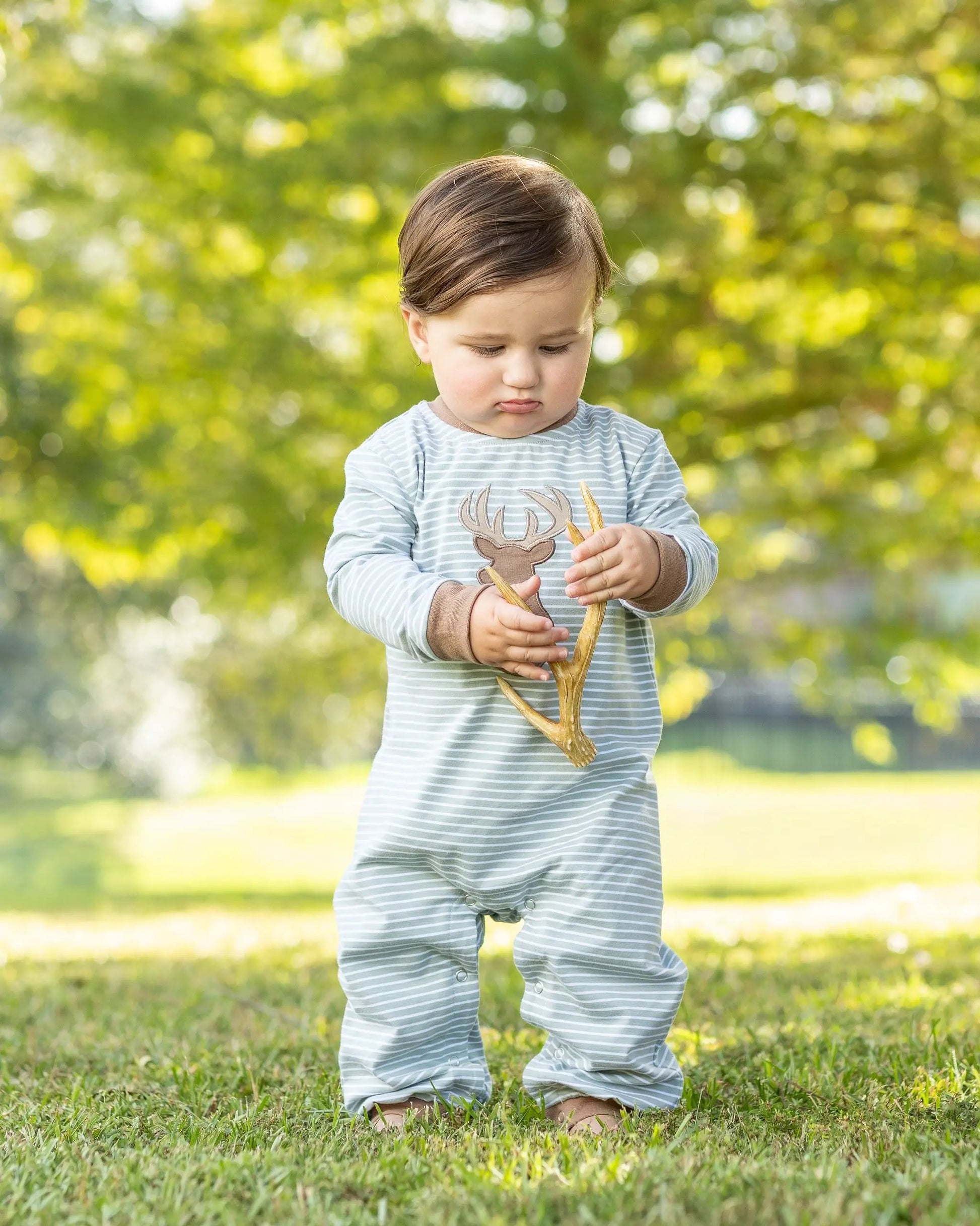 Trotter Street Kids Boys Green Stripe Deer Romper