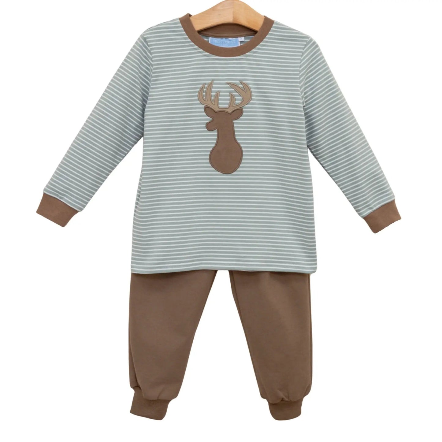 Trotter Street Kids Boys Green Stripe Deer Pant Set with Brown Pants