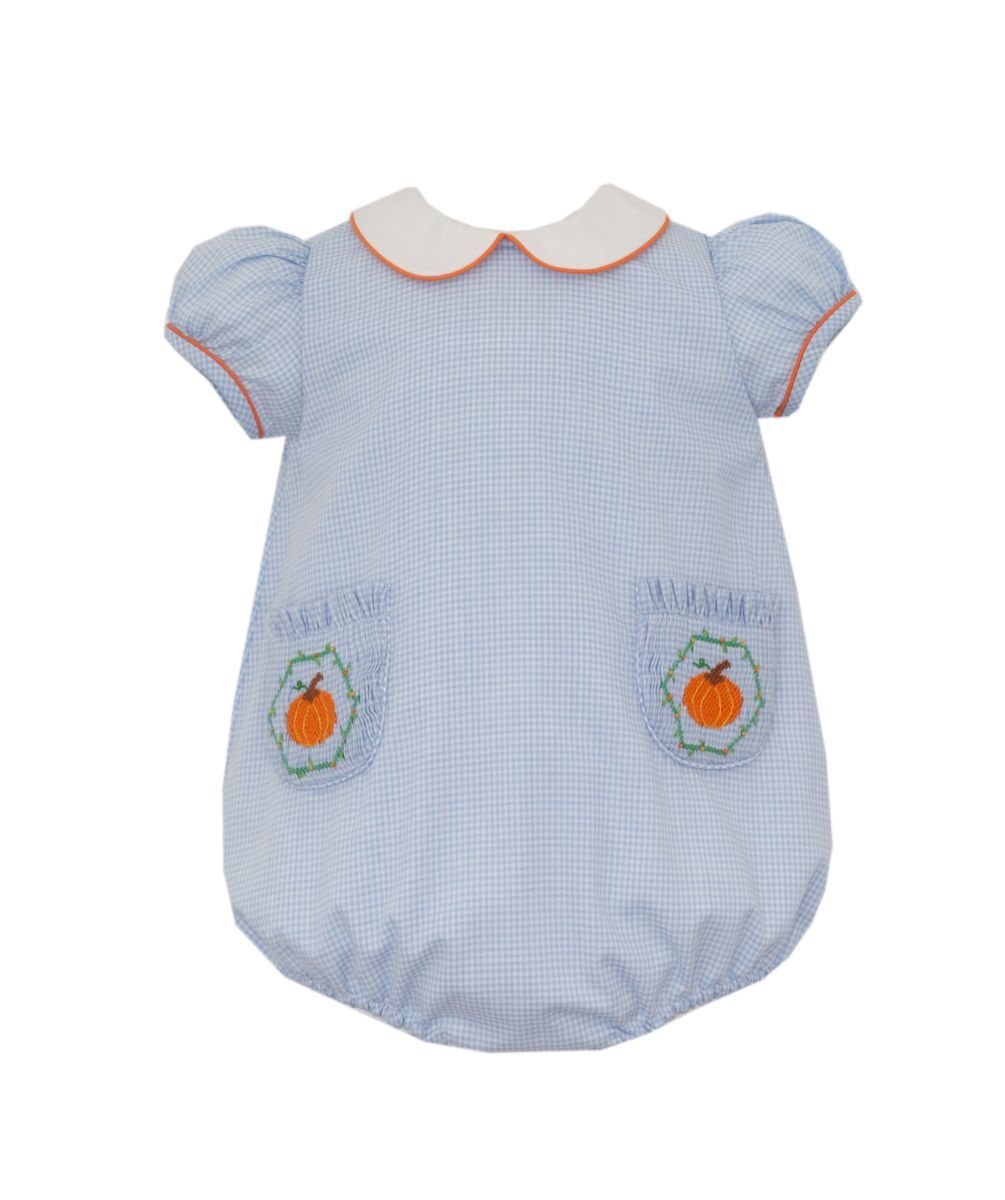 Anavini Girls Light Blue Gingham Pumpkin Bubble with Smocked Pockets