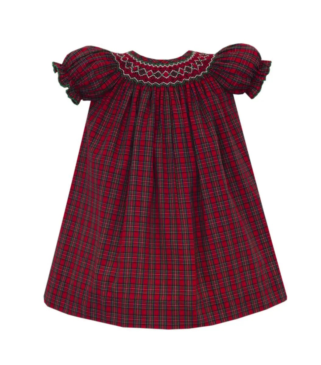 Petit Bebe Girls Red Plaid Short Sleeve Bishop Dress