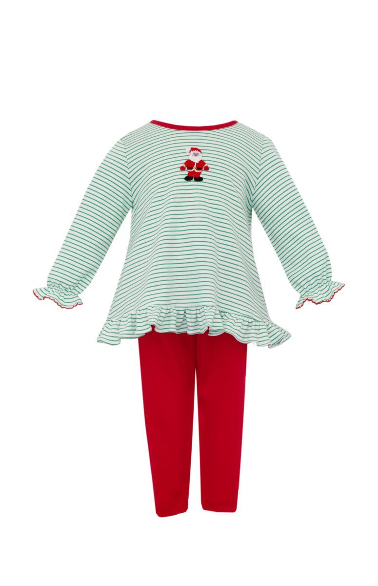 Petit Bebe Knits Girls Holiday Green Stripe Knit Long Sleeve Santa Tunic Set with Red Leggings
