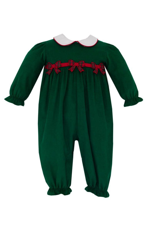 Claire & Charlie Girls Holiday Green Corduroy Long Romper with Red Bows by Claire & Charlie