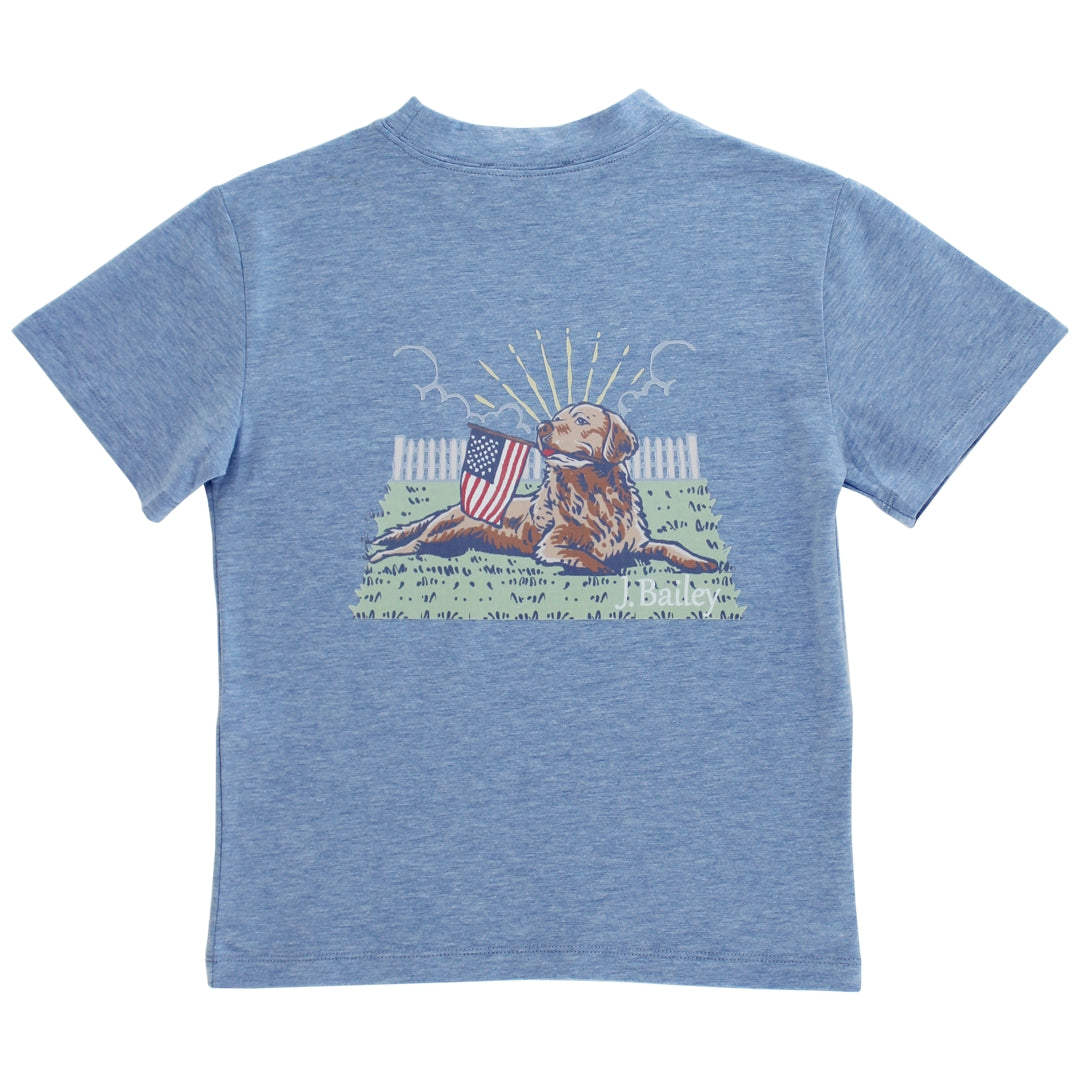 J. Bailey Boys Logo Tee Shirt - Patriotic Retriever Dog on Heather Blue