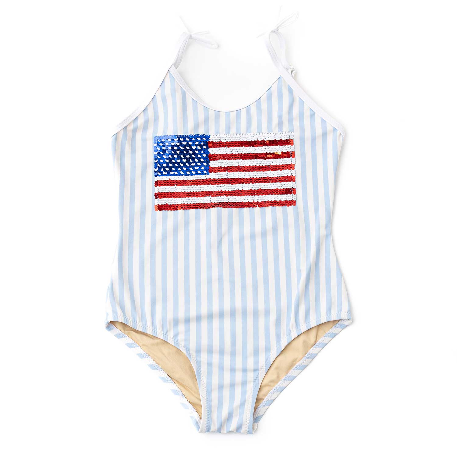 Shade Critters Girls Blue Striped Swimsuit - Sequins Patriotic American Flag