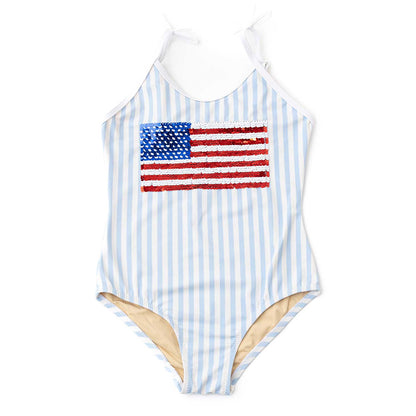 Shade Critters Girls Blue Striped Swimsuit - Sequins Patriotic American Flag by Shade Critters