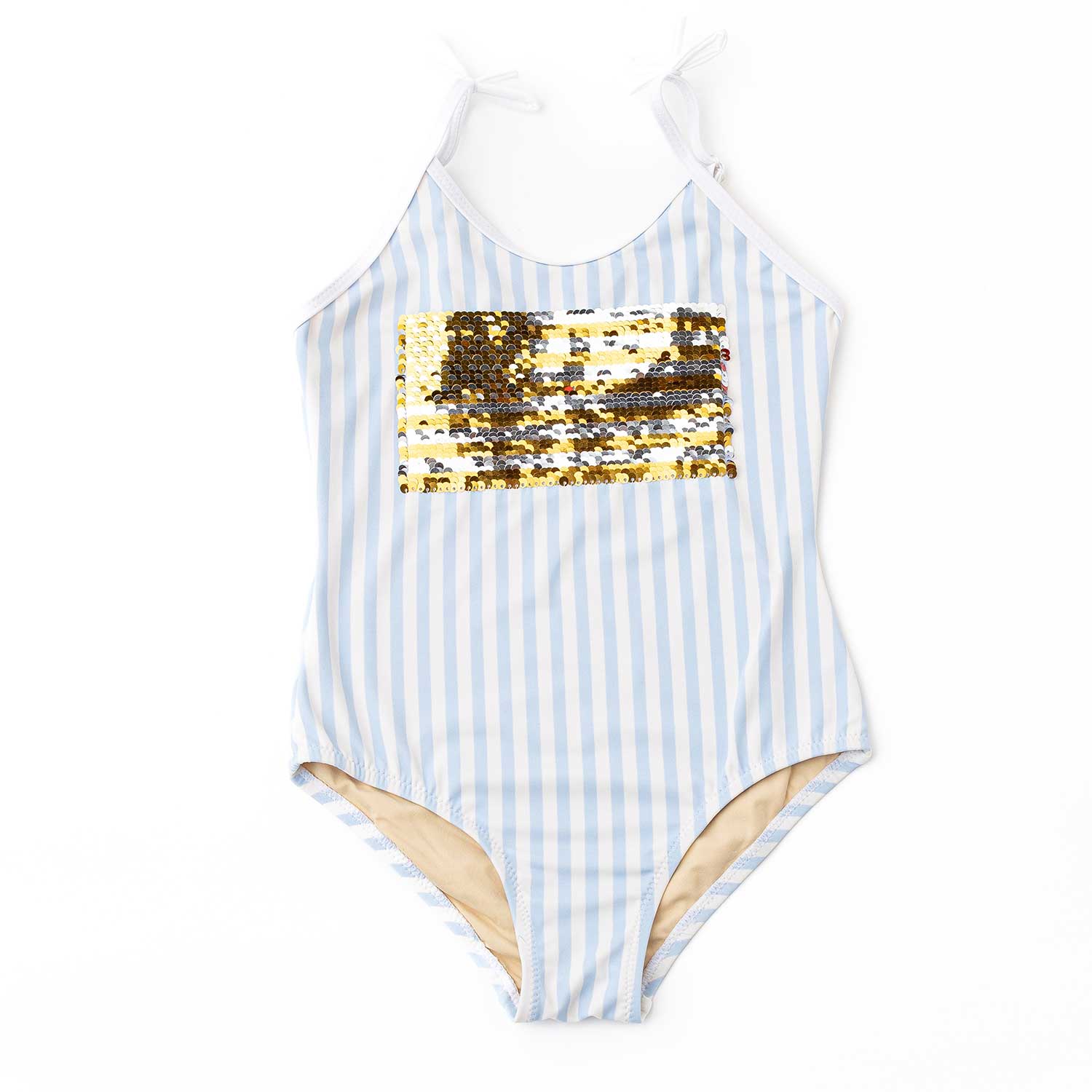Shade Critters Girls Blue Striped Swimsuit - Sequins Patriotic American Flag