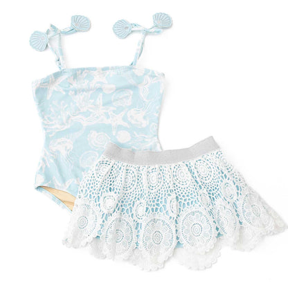 Shade Critters Girls Swimsuit with Crochet Skirt - Blue Sea Shells Snorkel Splash by Shade Critters