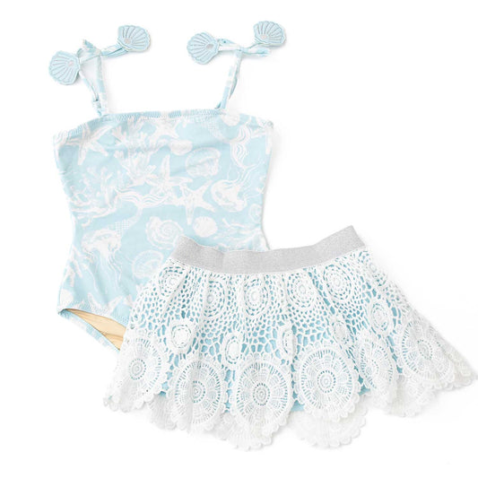 Shade Critters Girls Swimsuit with Crochet Skirt - Blue Sea Shells Snorkel Splash by Shade Critters