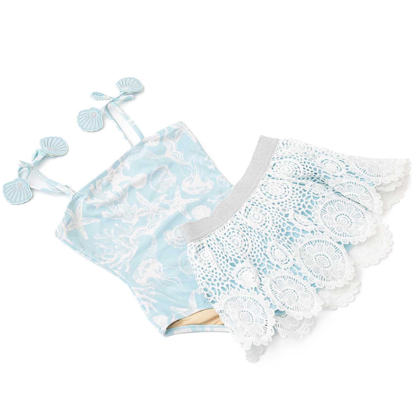 Shade Critters Girls Swimsuit with Crochet Skirt - Blue Sea Shells Snorkel Splash by Shade Critters