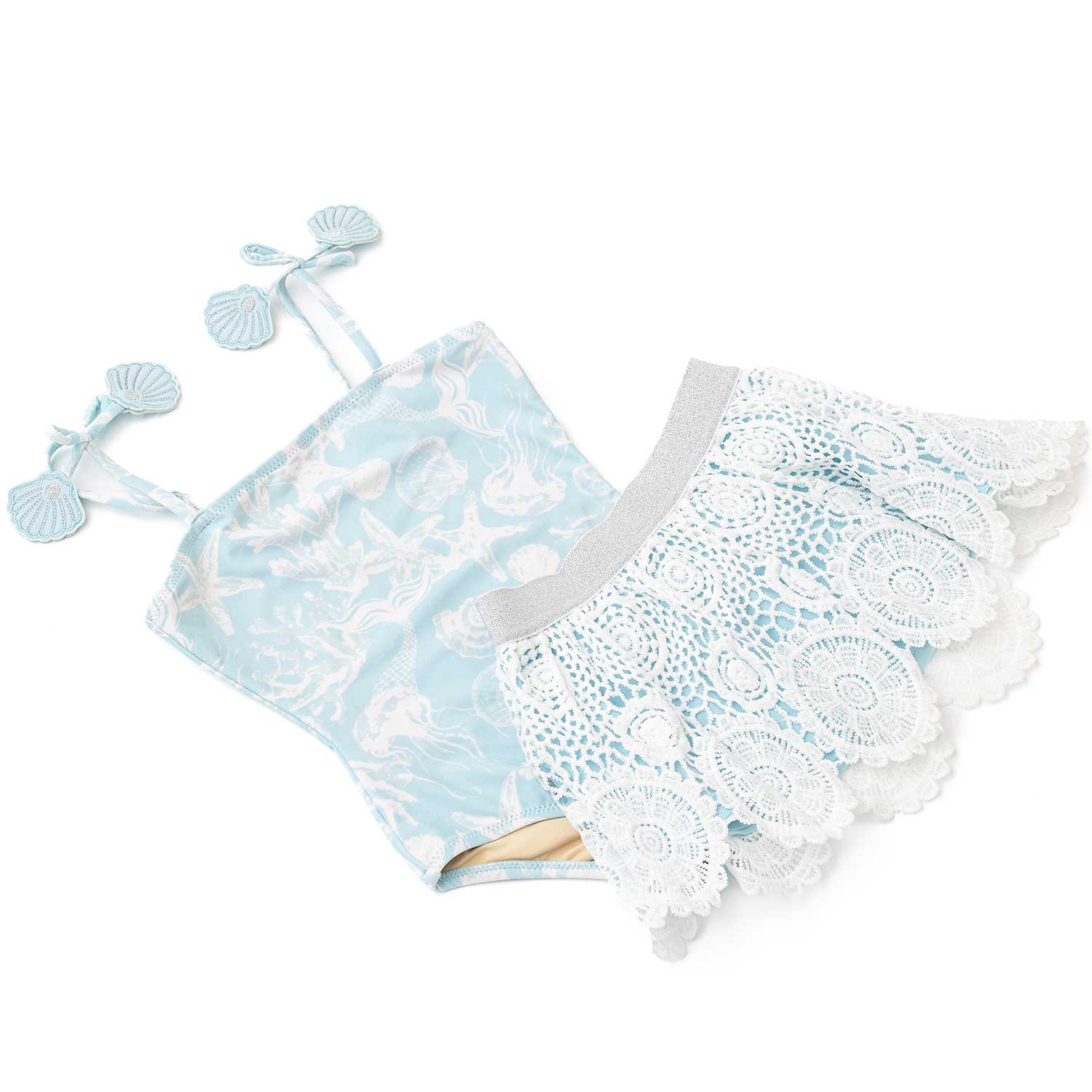 Shade Critters Girls Swimsuit with Crochet Skirt - Blue Sea Shells Snorkel Splash