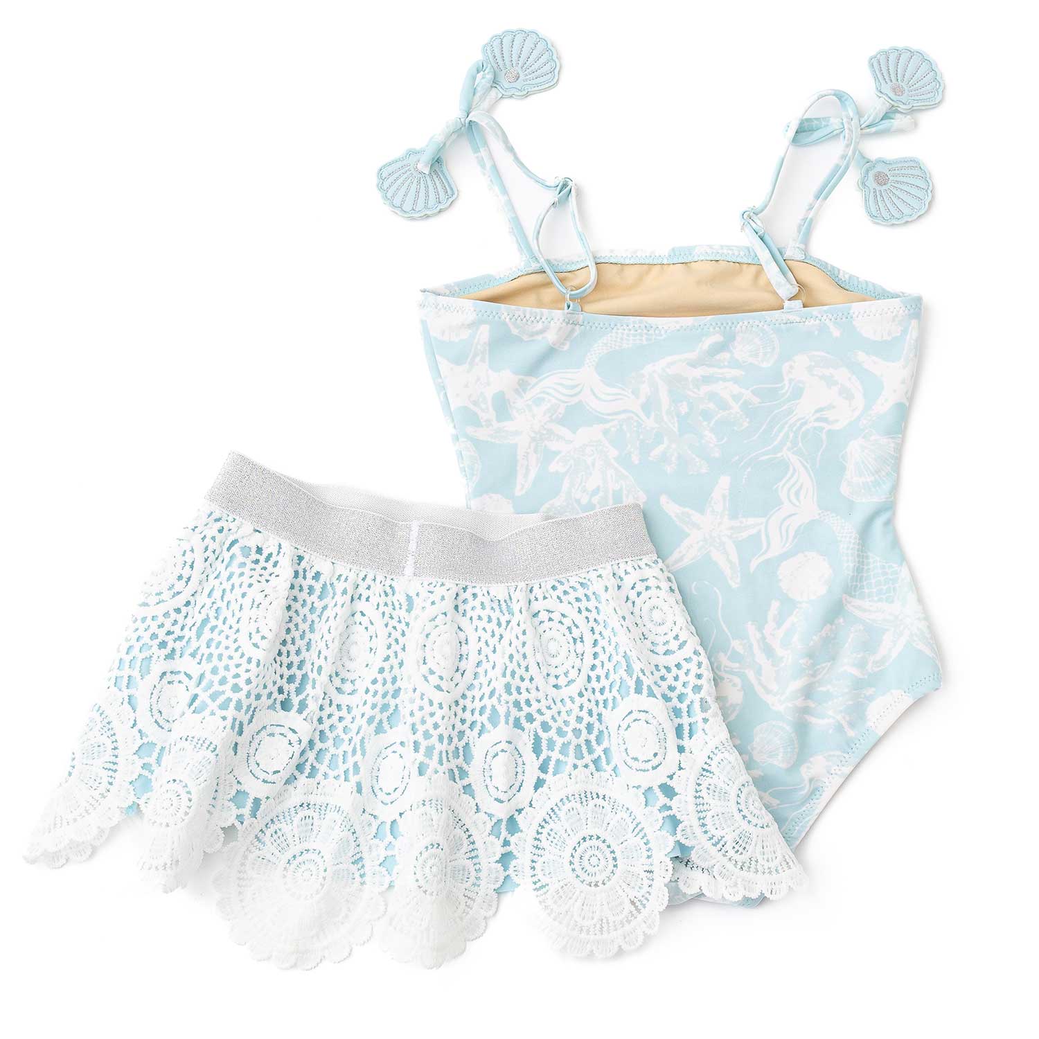 Shade Critters Girls Swimsuit with Crochet Skirt - Blue Sea Shells Snorkel Splash