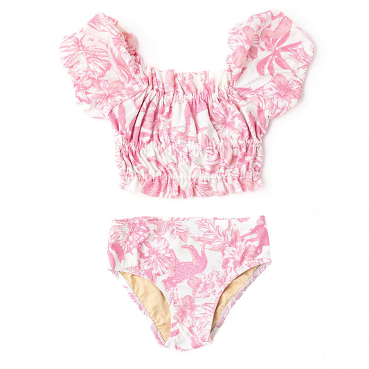 Shade Critters Girls Smocked Puff Sleeve Two Piece Swimsuit - Pink Paradise by Shade Critters