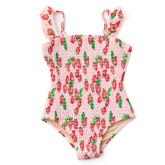 Shade Critters Girls Swimsuit - Pink Smocked Strawberry Bliss - Crochet Trim by Shade Critters