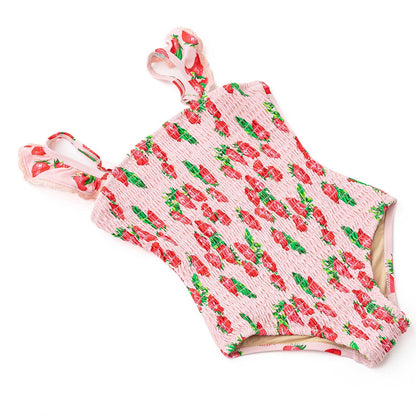 Shade Critters Girls Swimsuit - Pink Smocked Strawberry Bliss - Crochet Trim by Shade Critters