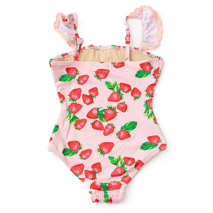 Shade Critters Girls Swimsuit - Pink Smocked Strawberry Bliss - Crochet Trim by Shade Critters