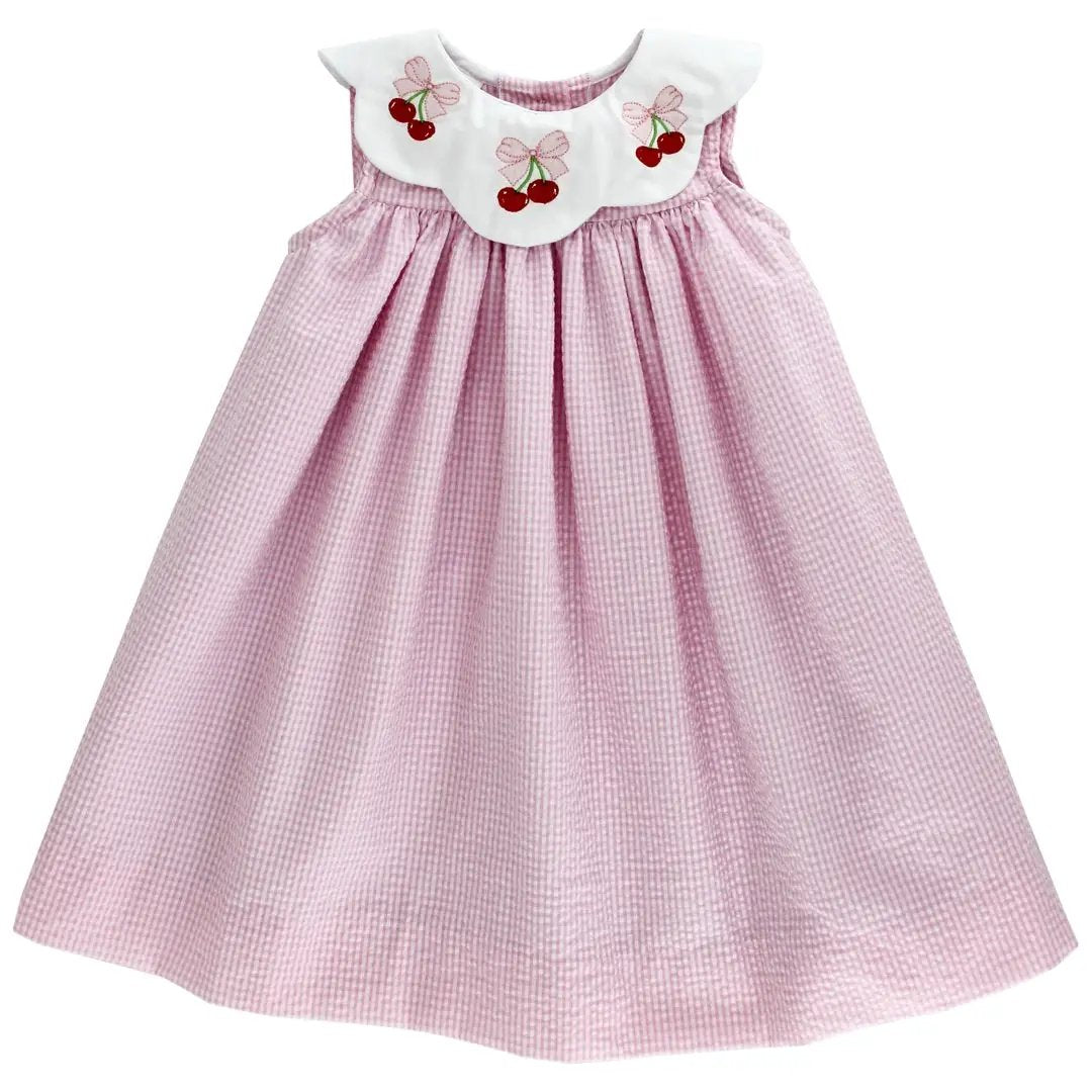 Bailey Boys Girls Sleeveless Pink Gingham Cherry Dress - Scallop Collar by Bailey Boys