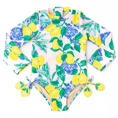 Shade Critters Girls Long Sleeved Rash Guard Swimsuit - Santorini Lemons Citrus by Shade Critters
