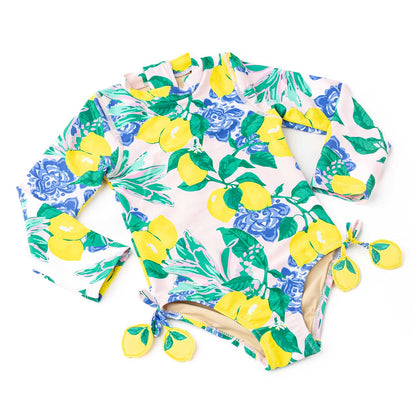 Shade Critters Girls Long Sleeved Rash Guard Swimsuit - Santorini Lemons Citrus by Shade Critters