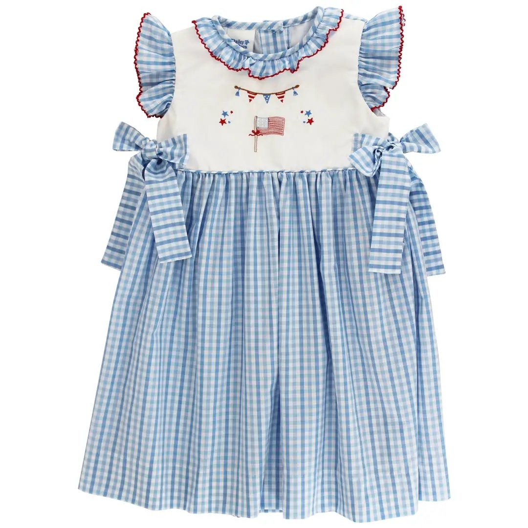 Bailey Boys Girls Blue Plaid Patriotic Flag Dress - Bows at Sides by Bailey Boys