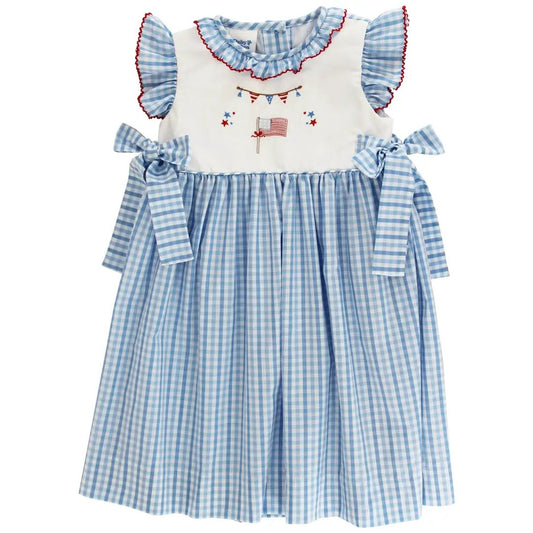 Bailey Boys Girls Blue Plaid Patriotic Flag Dress - Bows at Sides by Bailey Boys