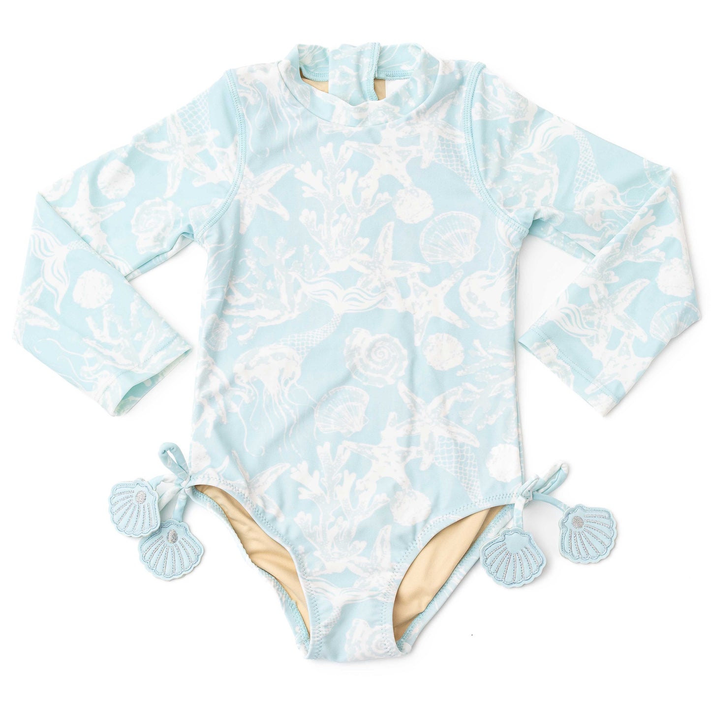 Shade Critters Girls Long Sleeved Rash Guard Swimsuit - Blue Sea Shells Snorkel Splash by Shade Critters