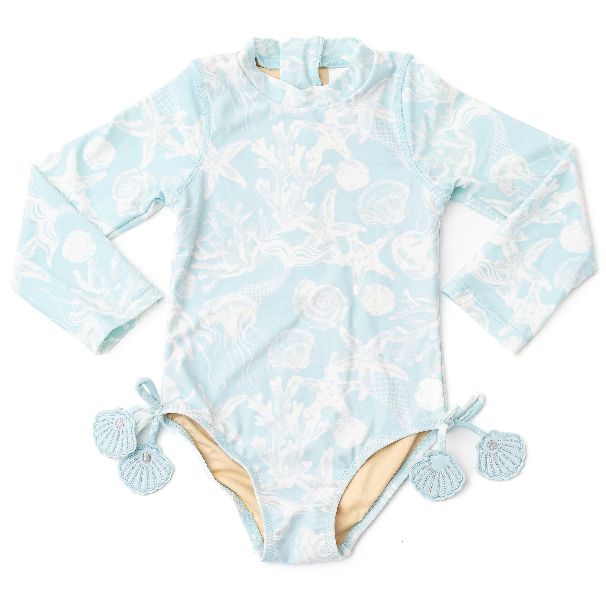 Shade Critters Girls Long Sleeved Rash Guard Swimsuit - Blue Sea Shells Snorkel Splash