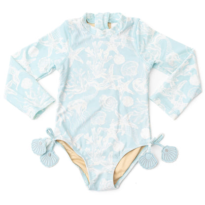 Shade Critters Girls Long Sleeved Rash Guard Swimsuit - Blue Sea Shells Snorkel Splash by Shade Critters