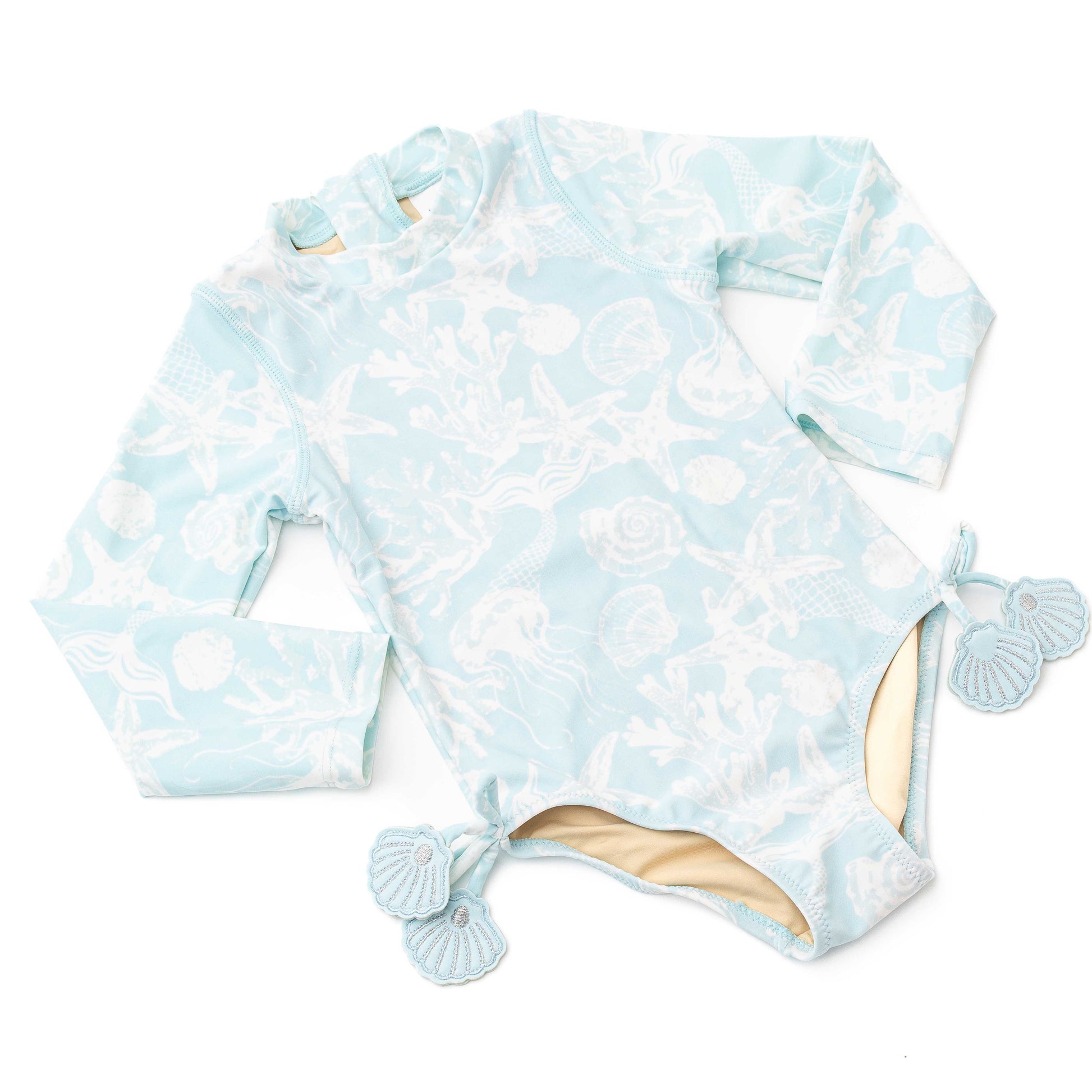 Shade Critters Girls Long Sleeved Rash Guard Swimsuit - Blue Sea Shells Snorkel Splash