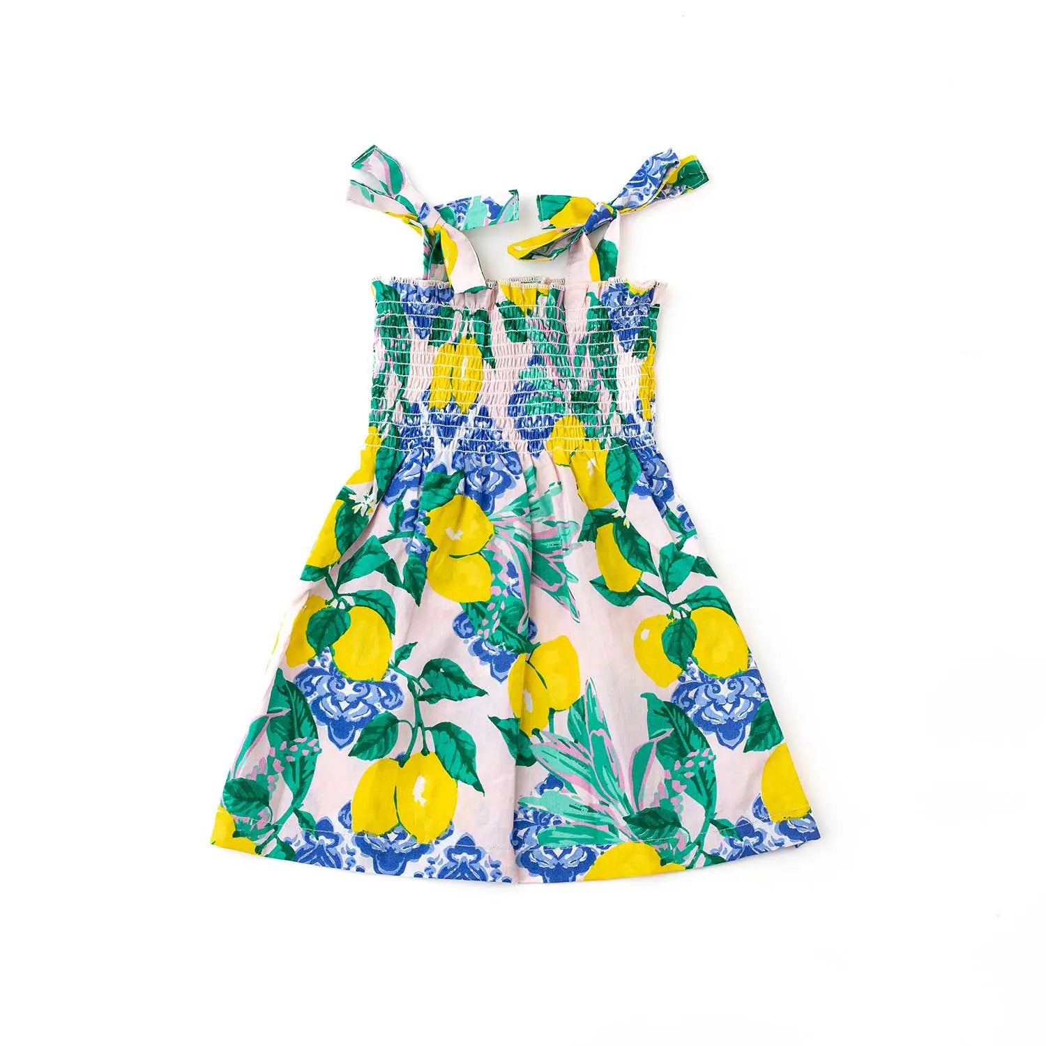 Shade Crittres Girls Smocked Tie Top Sun Dres - Blue & Yellow Santorini Lemons