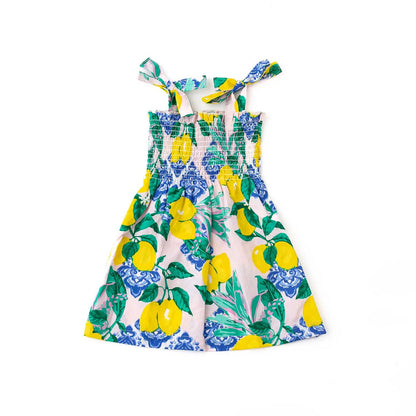 Shade Crittres Girls Smocked Tie Top Sun Dres - Blue & Yellow Santorini Lemons