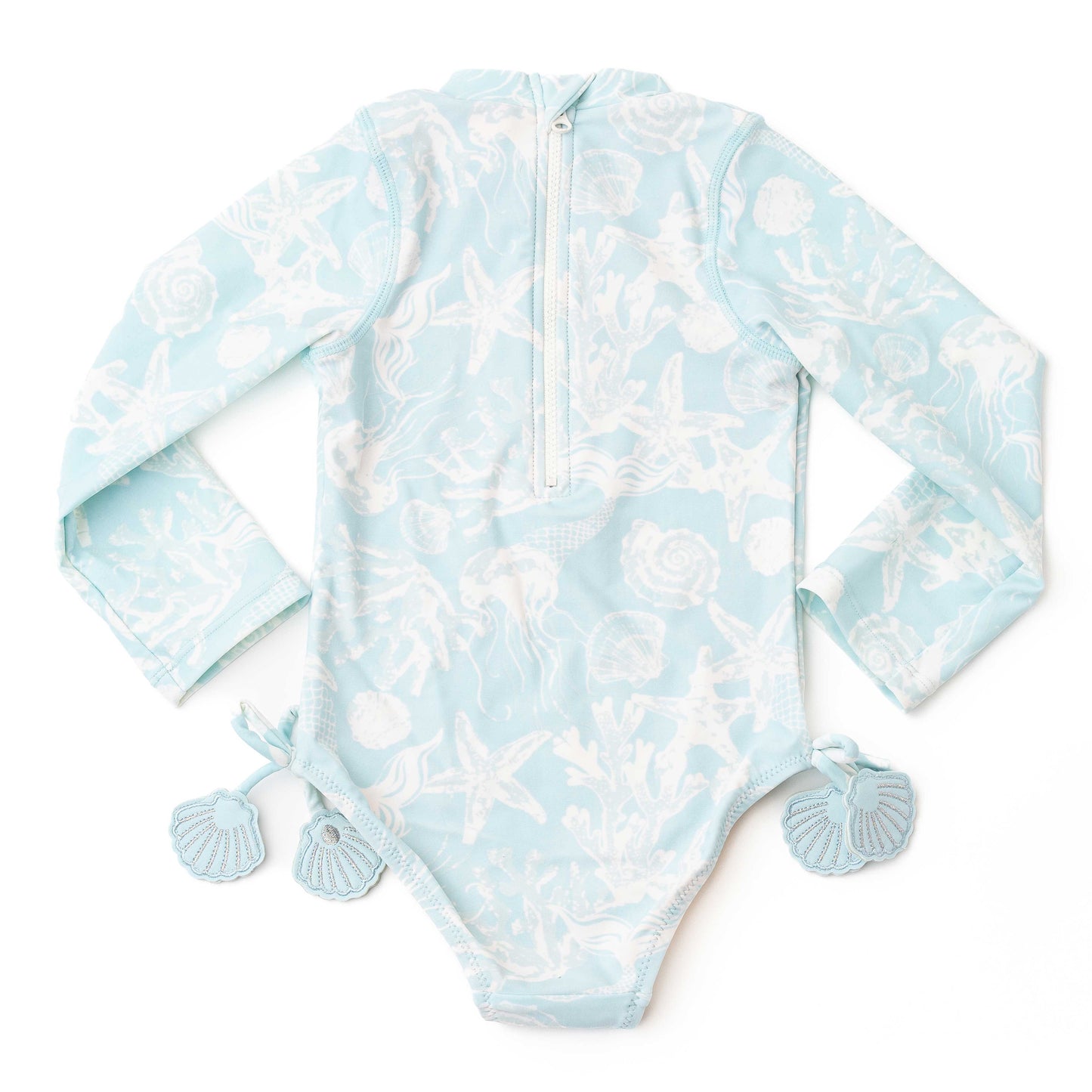 Shade Critters Girls Long Sleeved Rash Guard Swimsuit - Blue Sea Shells Snorkel Splash by Shade Critters
