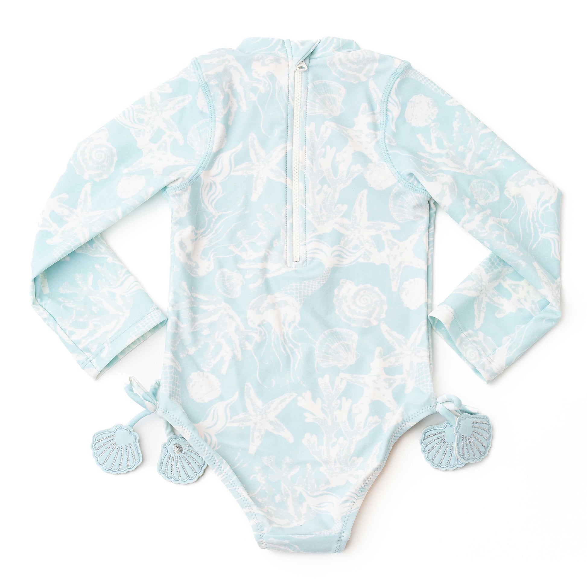 Shade Critters Girls Long Sleeved Rash Guard Swimsuit - Blue Sea Shells Snorkel Splash