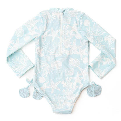 Shade Critters Girls Long Sleeved Rash Guard Swimsuit - Blue Sea Shells Snorkel Splash by Shade Critters