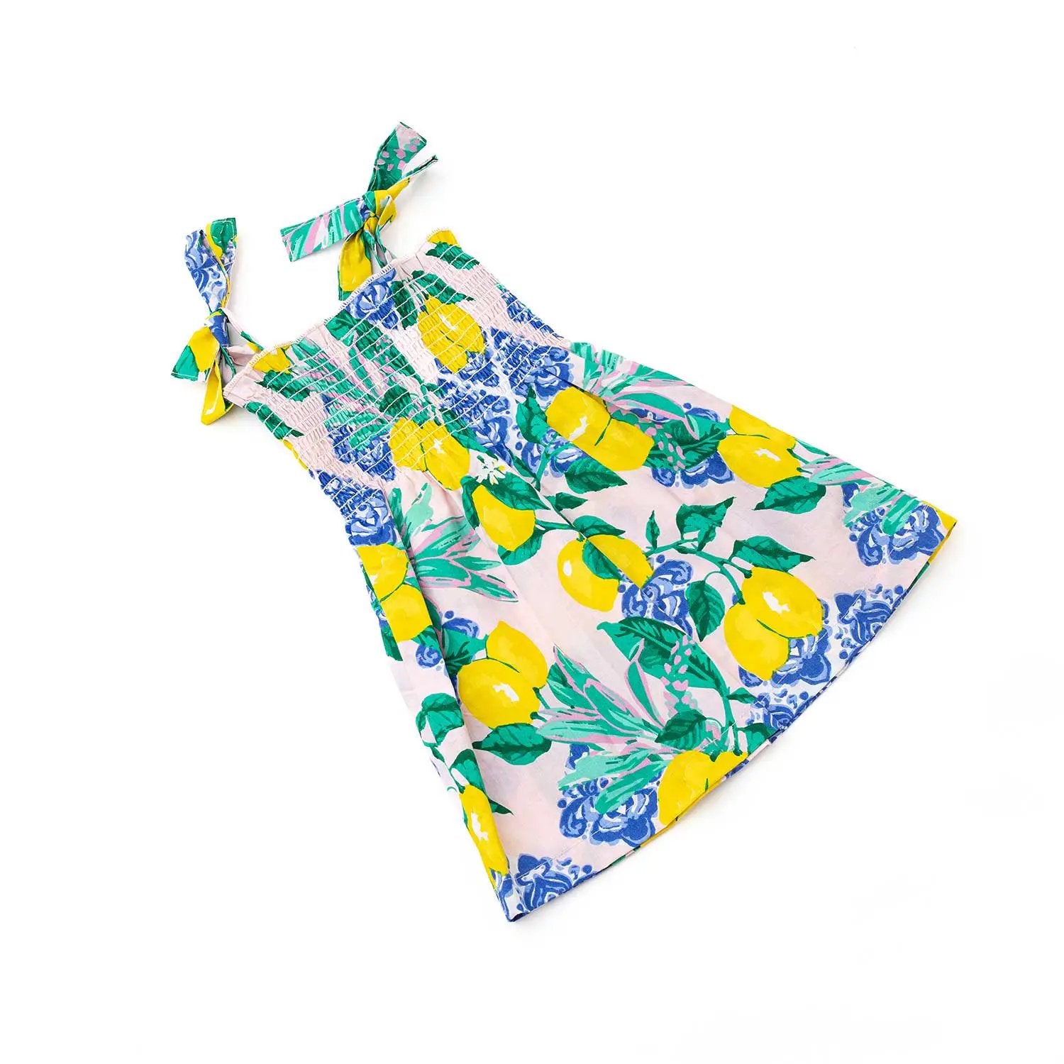 Shade Crittres Girls Smocked Tie Top Sun Dres - Blue & Yellow Santorini Lemons