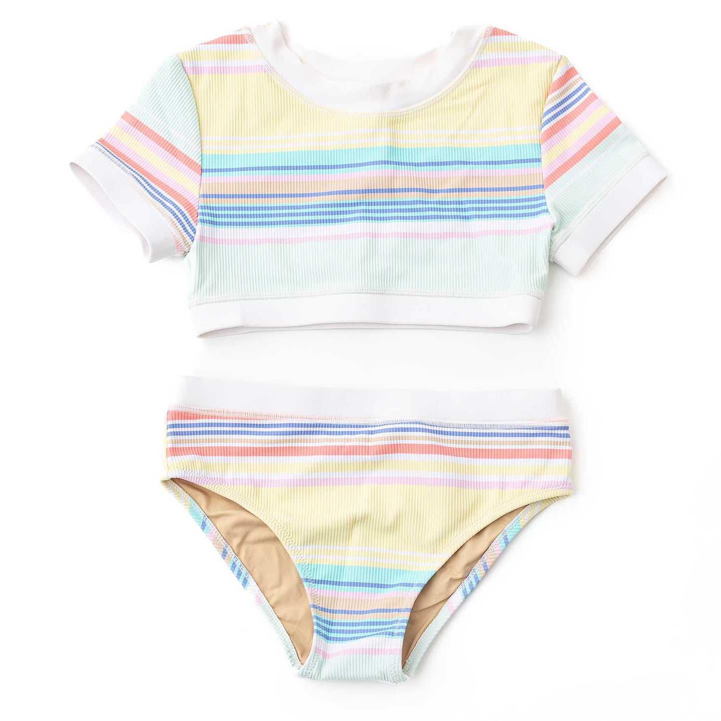 Shade Critters Girls Ribbed Cropped Short Sleeve Two Piece Swimsuit - Surfer Stripes by Shade Critters